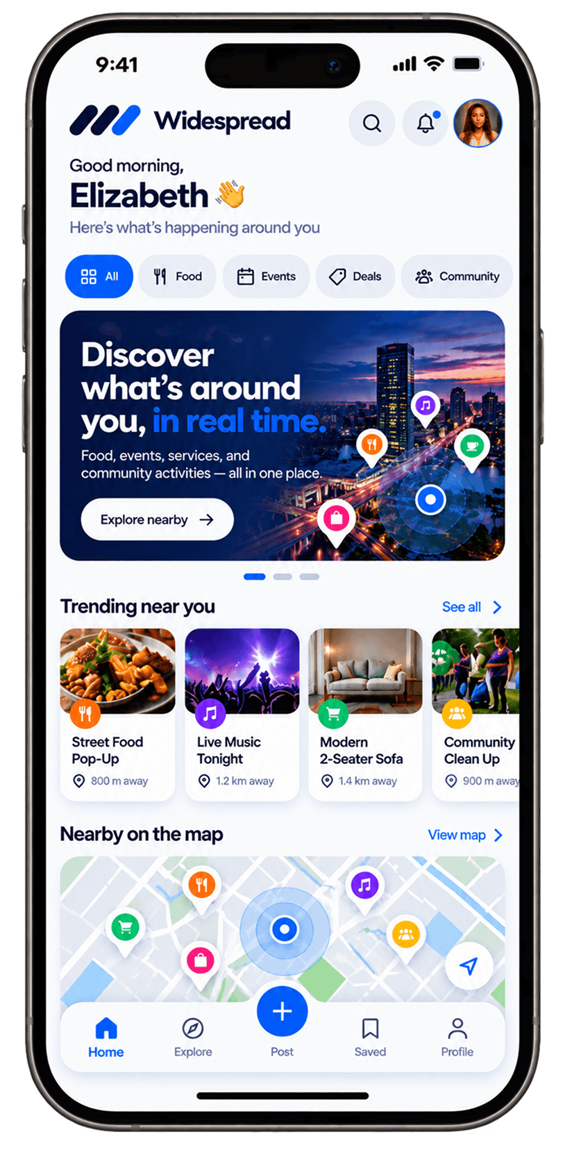 The Widespread app Feed screen