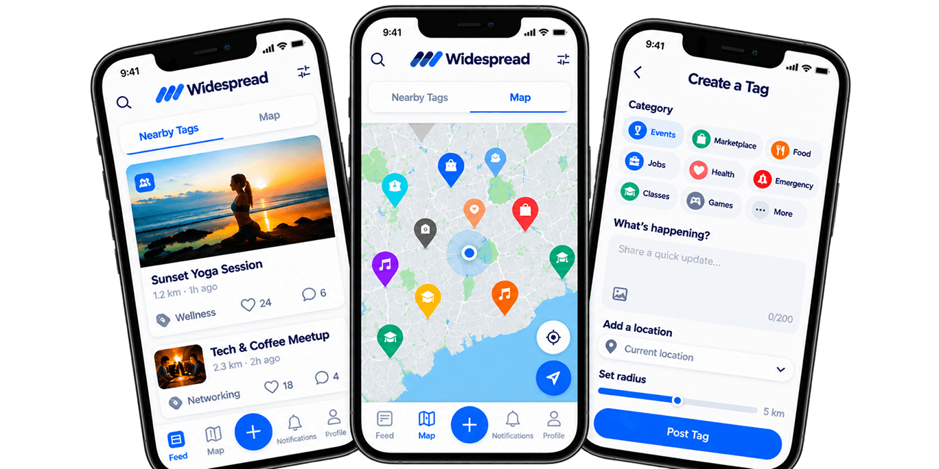 Widespread app screens: Feed, Map, Create a Tag